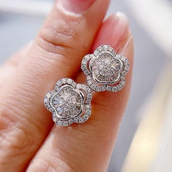 Huitan Silver Color Flower Stud Earrings with White CZ Brilliant Accessories Wedding Party Exquisite Female Earrings New Jewelry