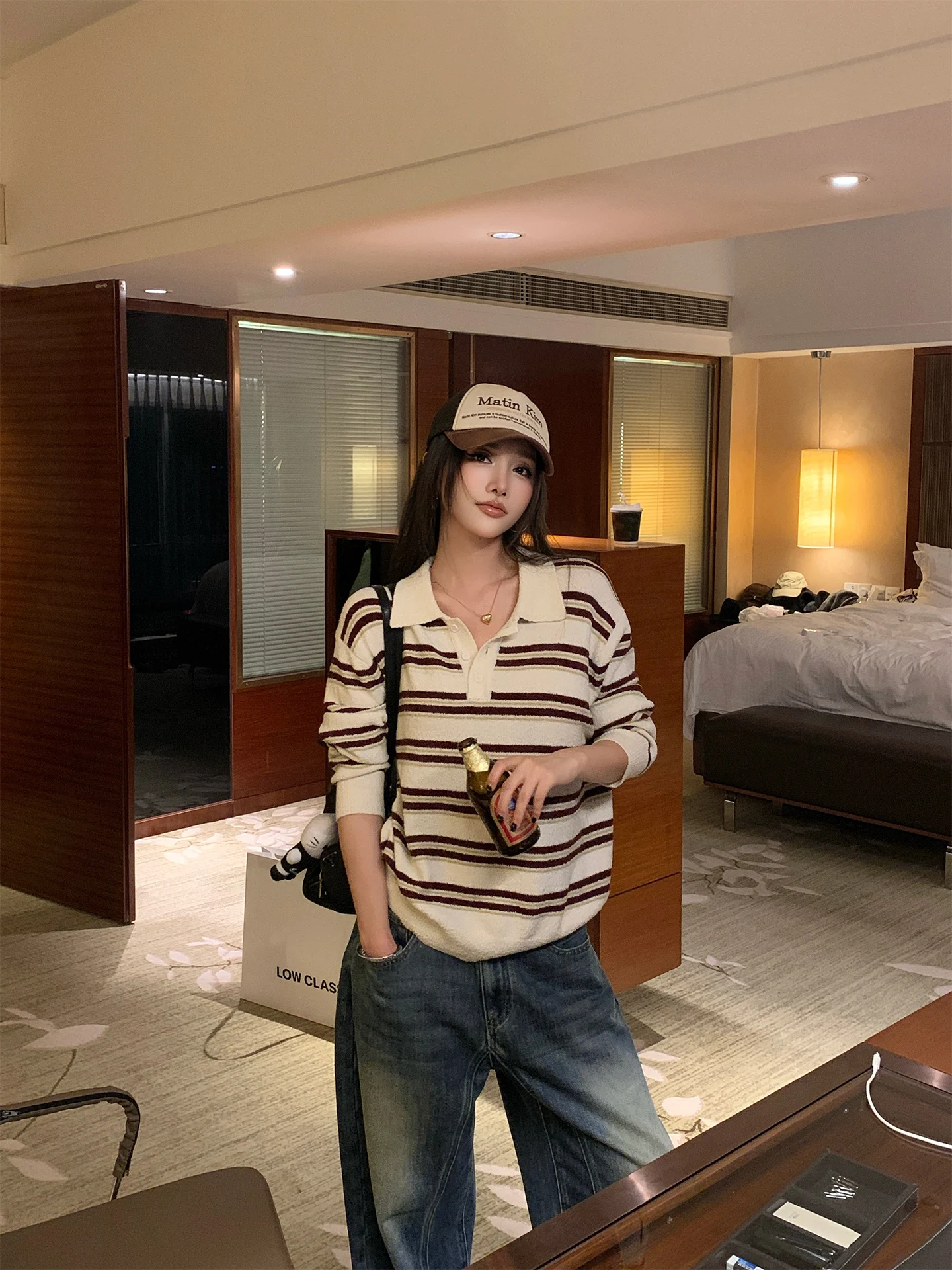 

Women's Knitted Circle Yarn Striped irt Miu Sle College Faion Long Sve Regular Length Collar Autumn Winter...