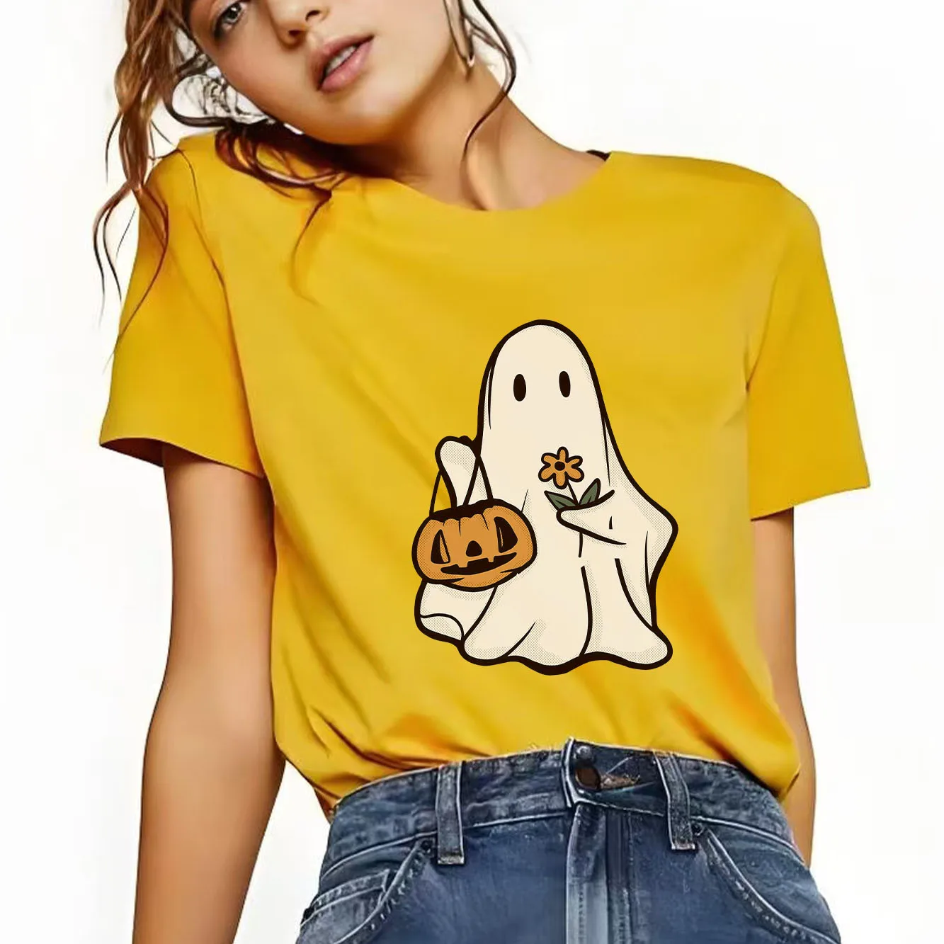 تي شيرت Halloween Retro BOO Four Seasons بأكمام قصيرة ومتعدد الوظائف كاجوال للمهرجانات النسائية