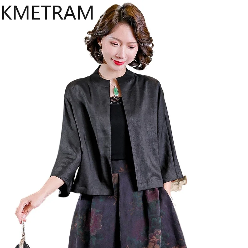 KMETRAM 100% Mulberry Silk Xiangyunsha Tops for Women 2026 Spring Simple Black Short Style Three Quarter Sleeved Coat Ropa Mujer