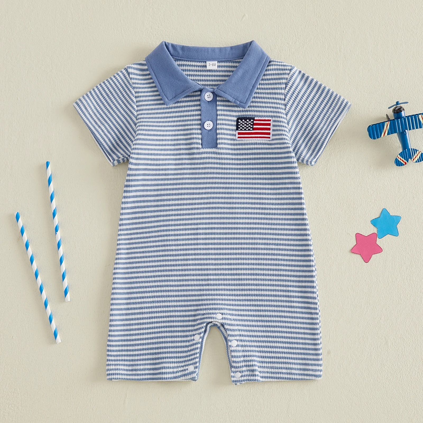Newborn 4th of July Baby Boy Outfit Short Sleeve Waffle Knit Collared American Flag Embroidery Romper Jumpsuit Clothes