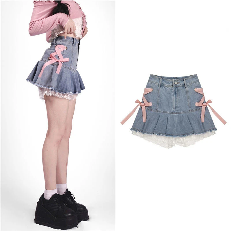 Pink strappy denim skirts women 2022 summer elegant sexy hot girl white lace stitching miniskirt ins casual sweet A-line skirt