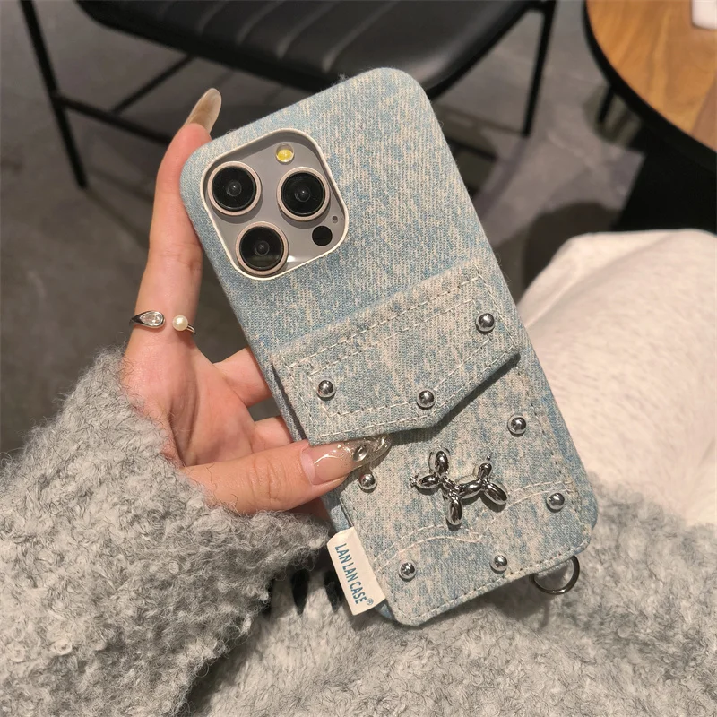 

Card Solt Bag Fashion Denim fabric Purse Strap case for iPhone 13 14 15 Pro 16 Pro Max 13Pro Dachshund Hitch strap lanyard cover