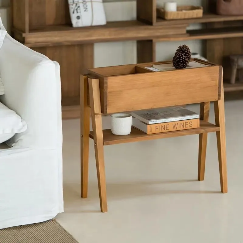 Solid Wood Modern Sofa Side Table Natural Wood Style Multi Functional Small Apartment Coffee Table with Storage Locker