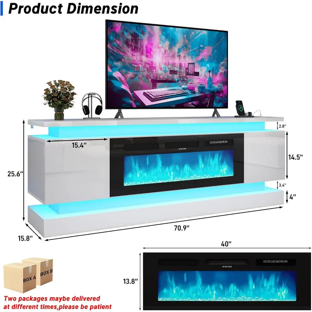 71IN LED TV Stands w/40 inch ireplace Power Outlet or 85/80/75 Inch TVs,High Glossy ern TV Media ole Gaming with 2 Storage Cabi,