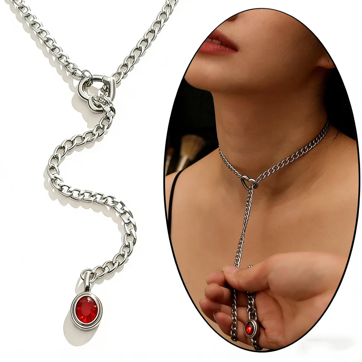 

SOVOB Stainless Steel Heart O-ring Slip Necklace Chain For Women Trend Cuban Long Necklaces Trendy Couple Adjustable Necklace