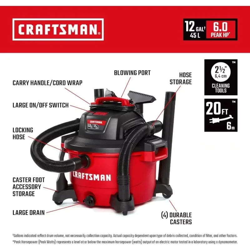 CRAFTSMAN CMXEVBE17594 12 Gallon 6.0 Peak HP Wet/Dry Vac, Portable Shop Vacuum with Filter, Dust Bag, Hose and Attachments