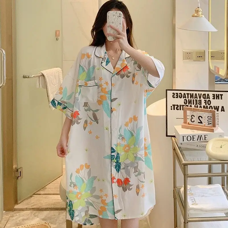 Poplin Pajamas Women\'s Summer Thin Artificial Cotton Nightdress Simple Printed Large Size Homewear Casual Fashion Sleepwear 2024