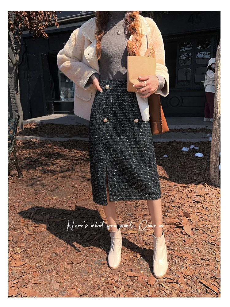 SMTHMA Women's Tweed Skirt with Front Gold Button Textured High Waist Glittery Mini Skirt Autumn Winter Classic Outfit