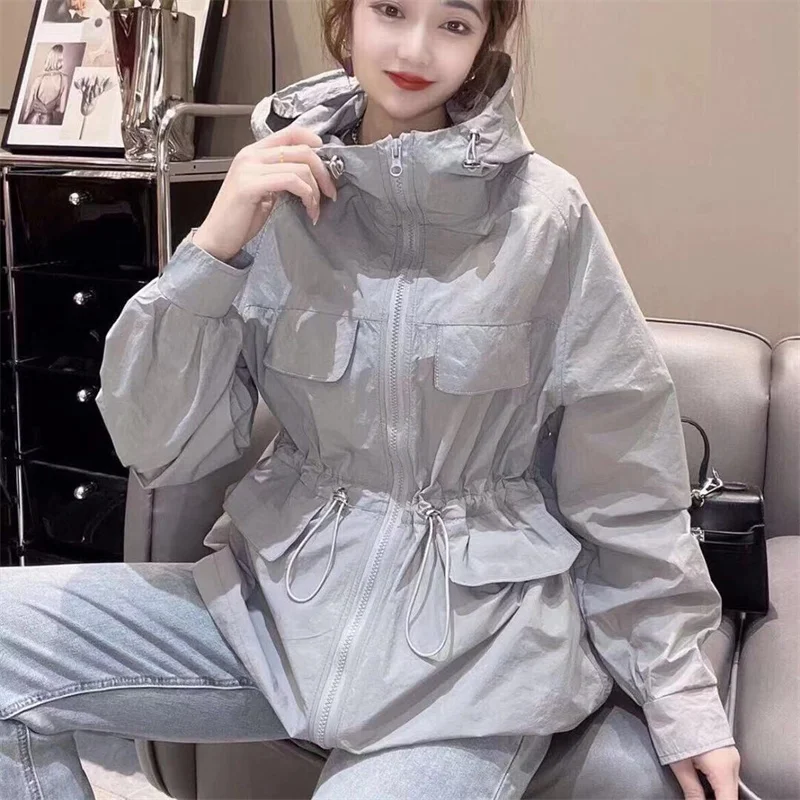 Women's Jacket Hooded 2025 New Summer Sun-proof Zipper Coats Thin Loose See Breathable Outwear Lightweight Clothes