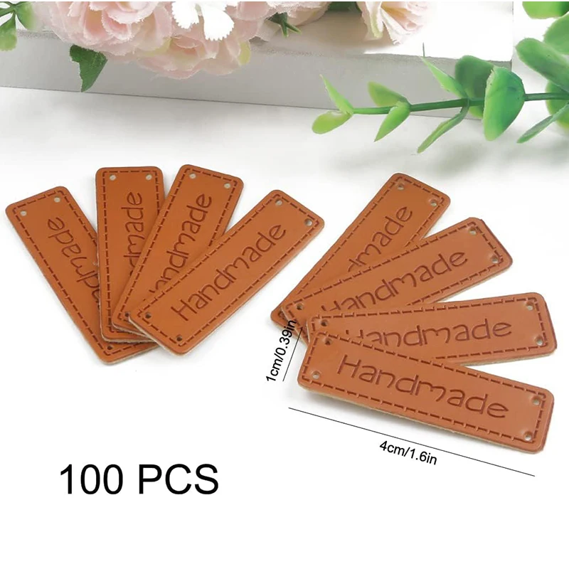 100pcs PU Leather Tags Handmade  Labels Faux Leather Sew on Label Embellishment Knit Accessories with 4 Holes for DIY Crafts