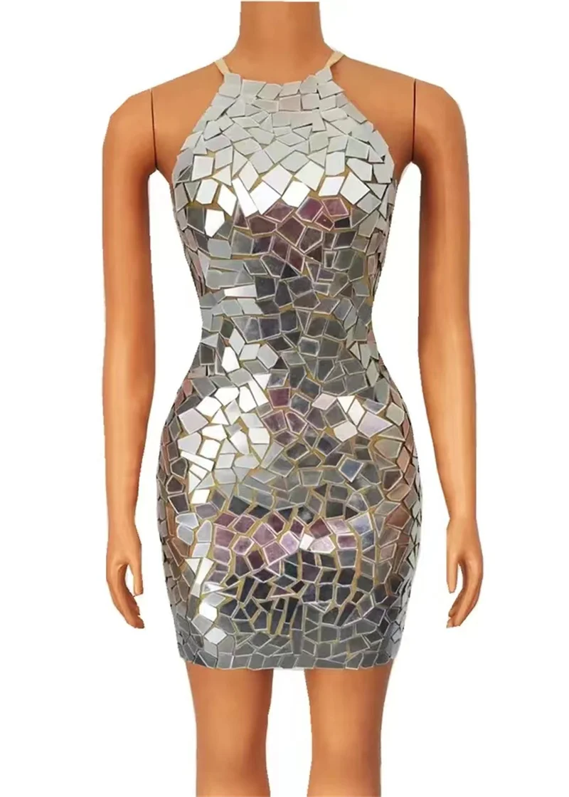 Sparkly Silver Mirrors Sleeveless DressEvening Birthday Celebrate Outfit Party SexyCostume Dancer Performance Show Clothes