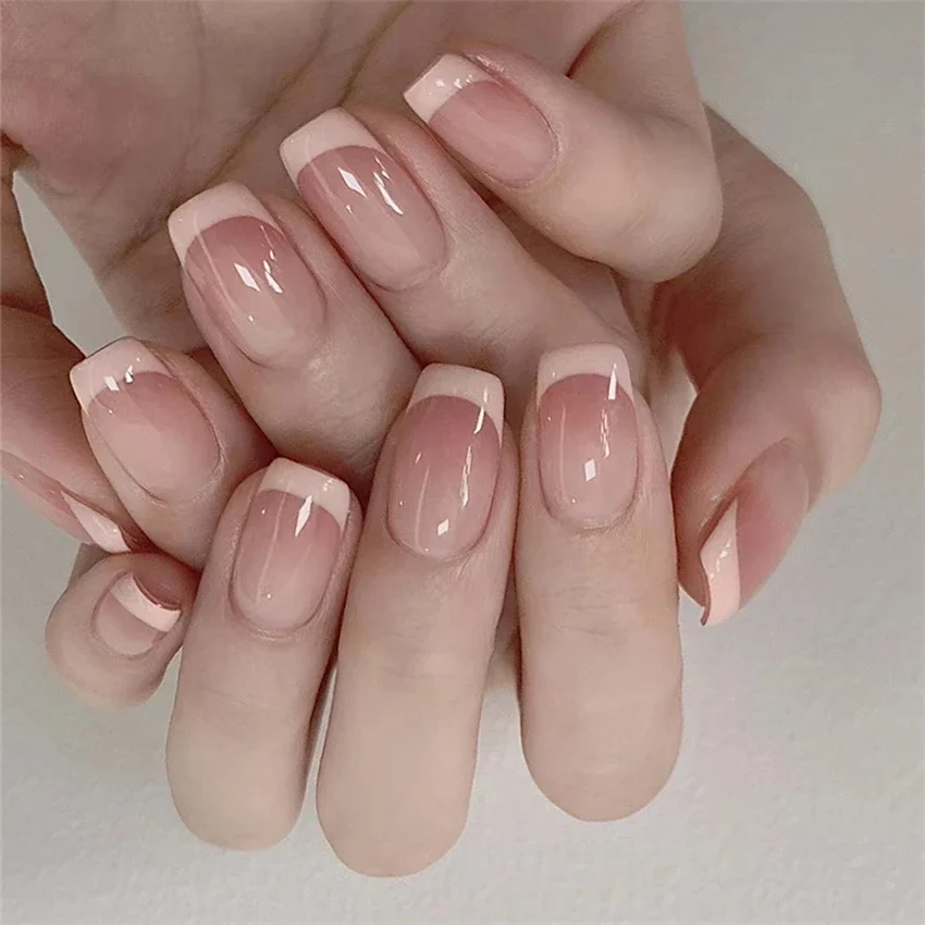 24Pcs/Set Short French Minimalist Nails Fake Nude Pink White Edge Press on Acrylic Nails Art Full Cover Wearable False Nail Tips