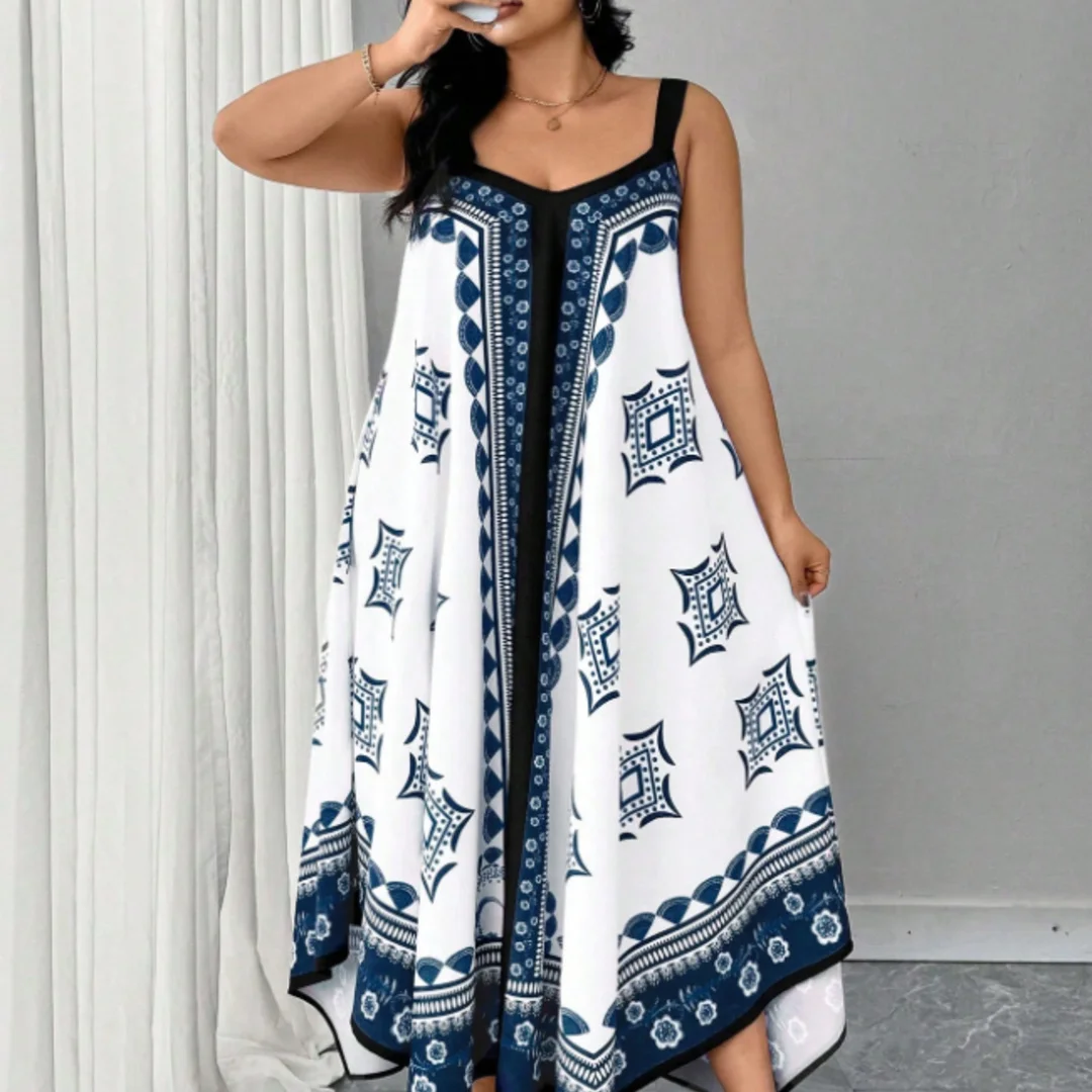 

Plus Size Blue White Geometric Print Maxi Dress Women Sleeveless A-Line Casual Summer Beach Long Dress