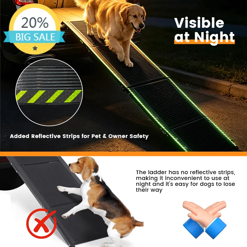 Reflective Glow Strip Folding Pet Ramp Ladder Safety For SUV High Beds All Weather