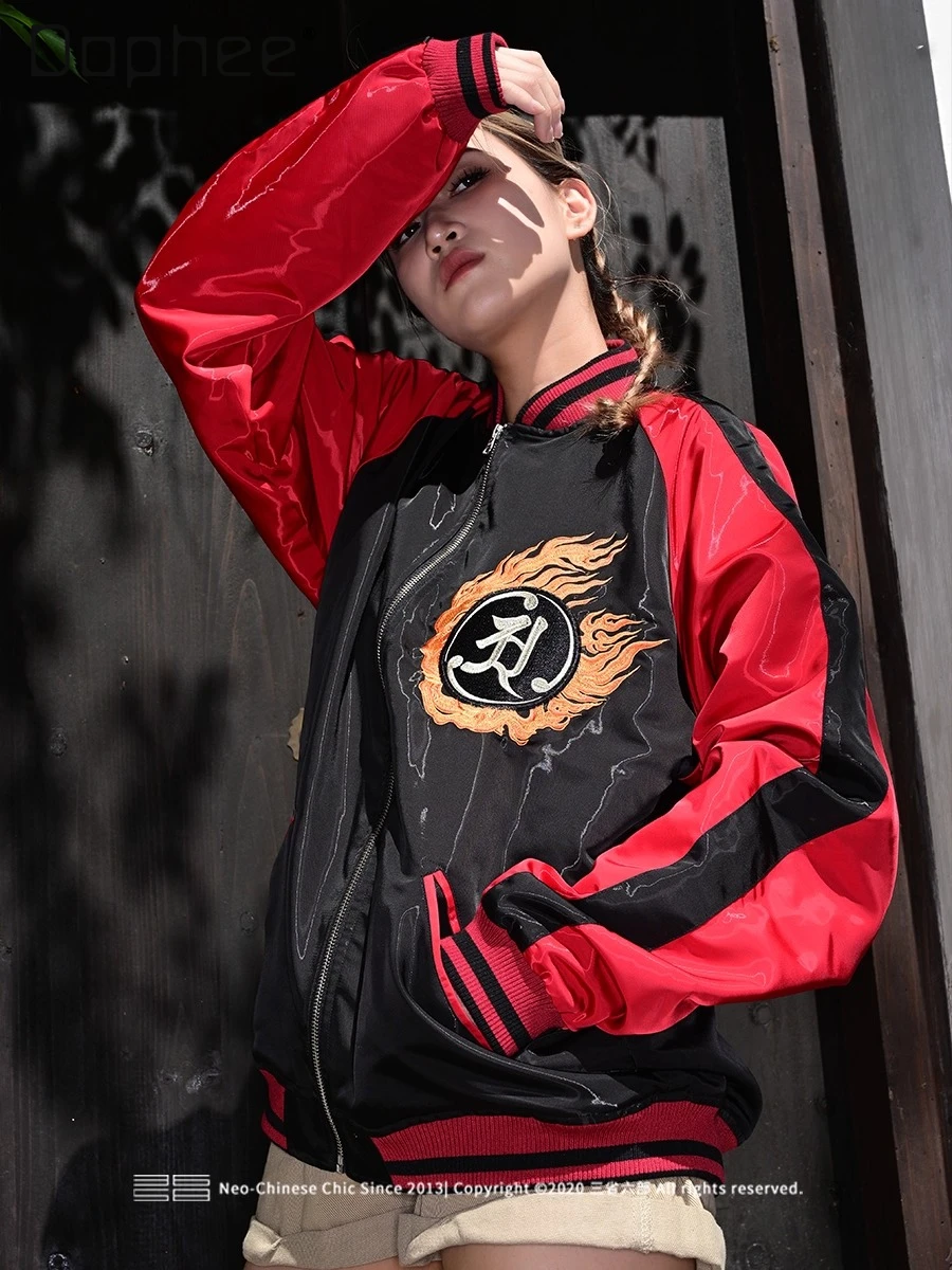 Street Fashion High-End Retro Cartoon Embroidery Baseball Jacket Autumn New Gothic Patchwork Loose Casual Jackets for Women