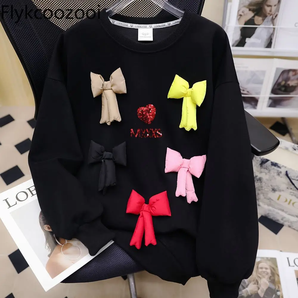 

Plus Size Women Round Neck Bow 2024 Spring Casual Design Feeling Loose Super Beautiful Foreign Style Hoodie Woman