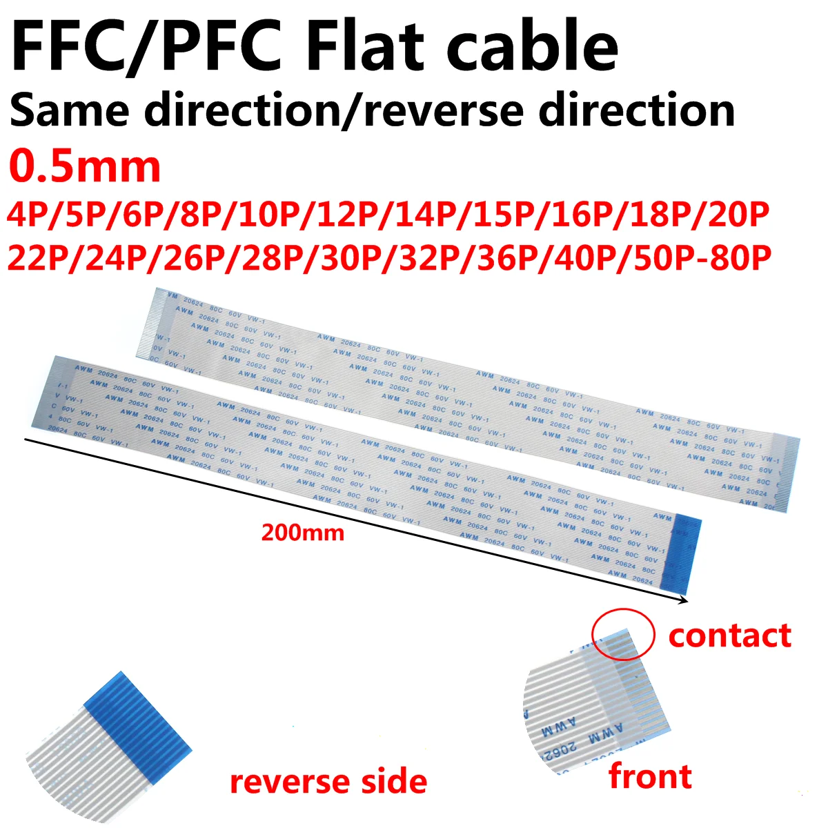 

10Pcs FPC Flexible Flat Cable FFC 0.5MM 200MM 20cm A B type interface 4P 5P 6P 8P 10P 12P 14P 16P 18P 20P 22P 24P-40P 15cm