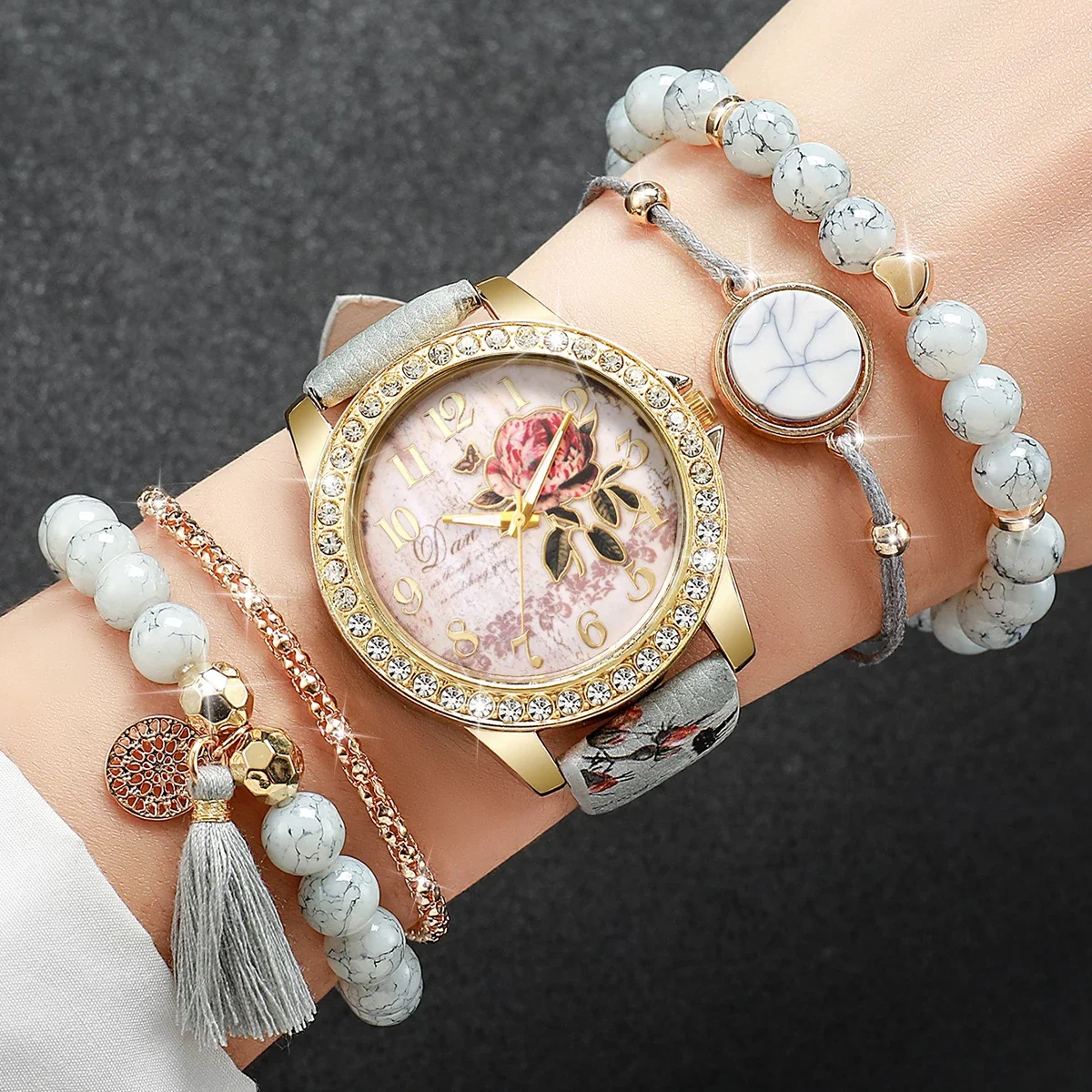 5-piece Sweet Date Printed Leather Watch Set, 4-in-1 Marble Pendant Bracelet and Crystal Watch Girl Gift