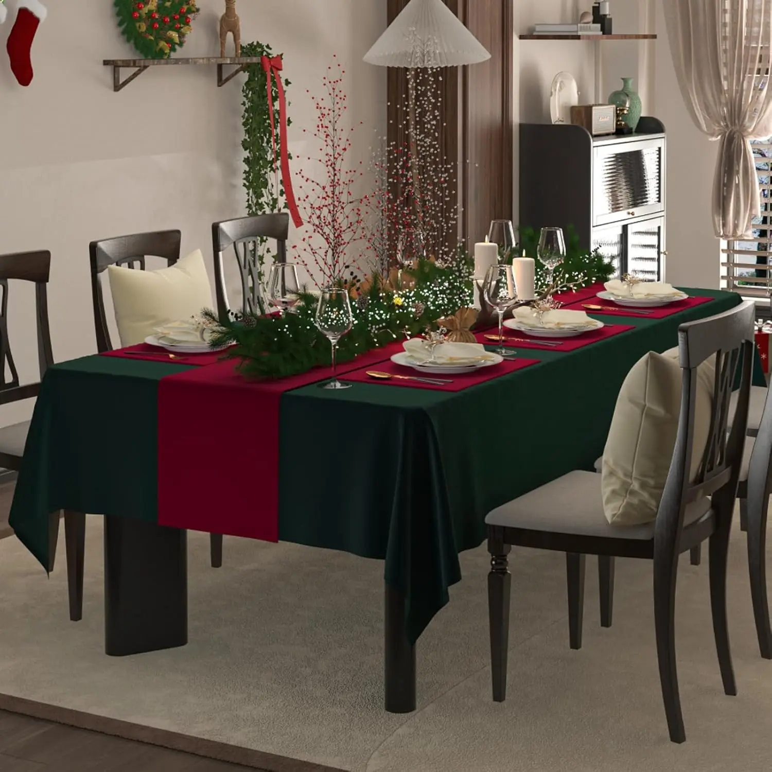 

Hunter Green Christmas Tablecloth, Waterproof Spillproof Washable Rectangle Table Cloth, Cashmere Plain Weave Fabric Table Cover