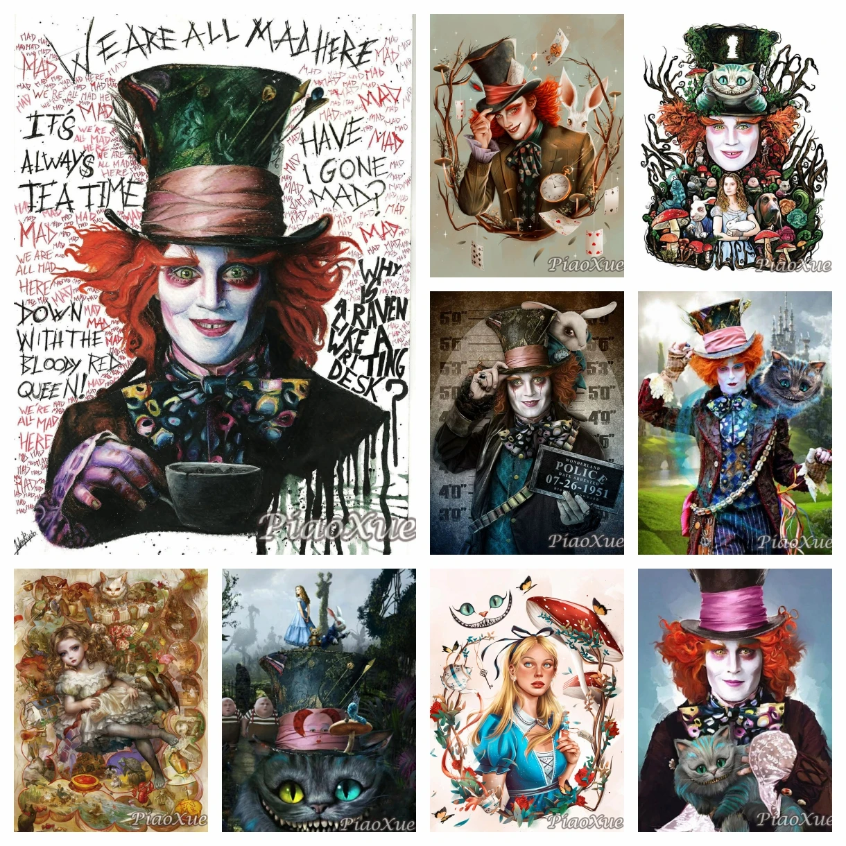 Mad Hatter Diamond Painting Alice In Wonderland Cheshire Cat 5D Full Mosaic Cross Stitch Complete Decor