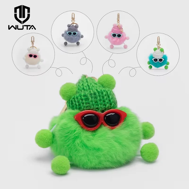 WUTA Small Briquettes Bag Charm Accessories Keychain Ring Fluffy Real Fur Pompon Cute Doll Key Ring On Bag Car Key Pendant