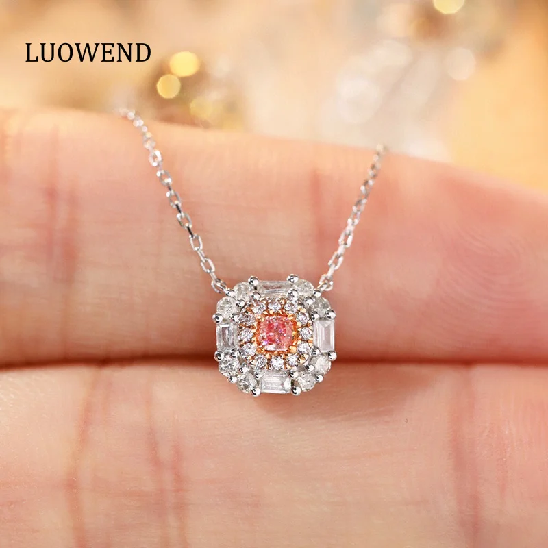 

LUOWEND 18K White Gold Necklace Elegant Square Design Real Natural Pink Diamond Pendant Necklace for Women Anniversary Gift