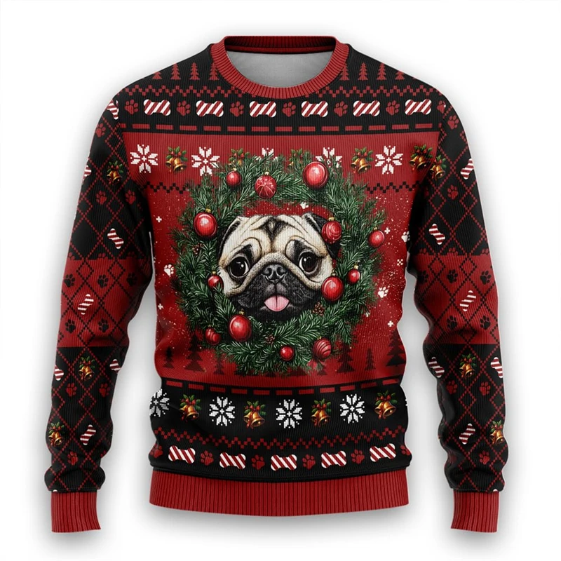 Cute Wreath Dog Graphic Sweatshirts For Women Clothes Pomeranian Doberman Ugly Christmas Sweater Pet Dogs Pullovers Female Tops