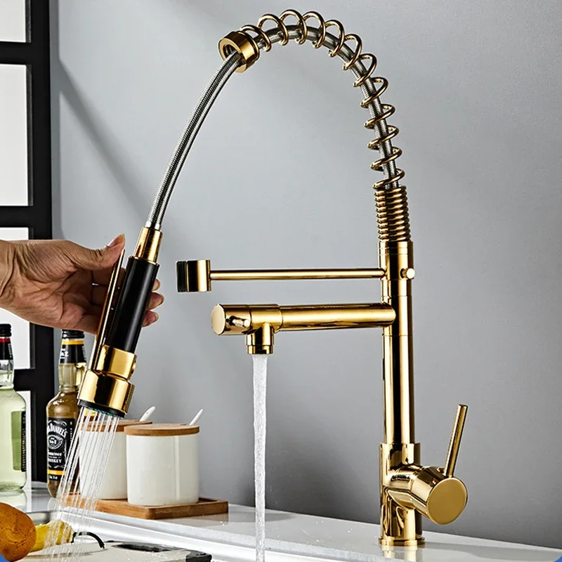 Grifo de cocina con resorte cromado, caños dobles extraíbles, ducha de mano giratoria 360, mezclador de cocina, grúa caliente y fría, grifos de resorte de 2 salidas