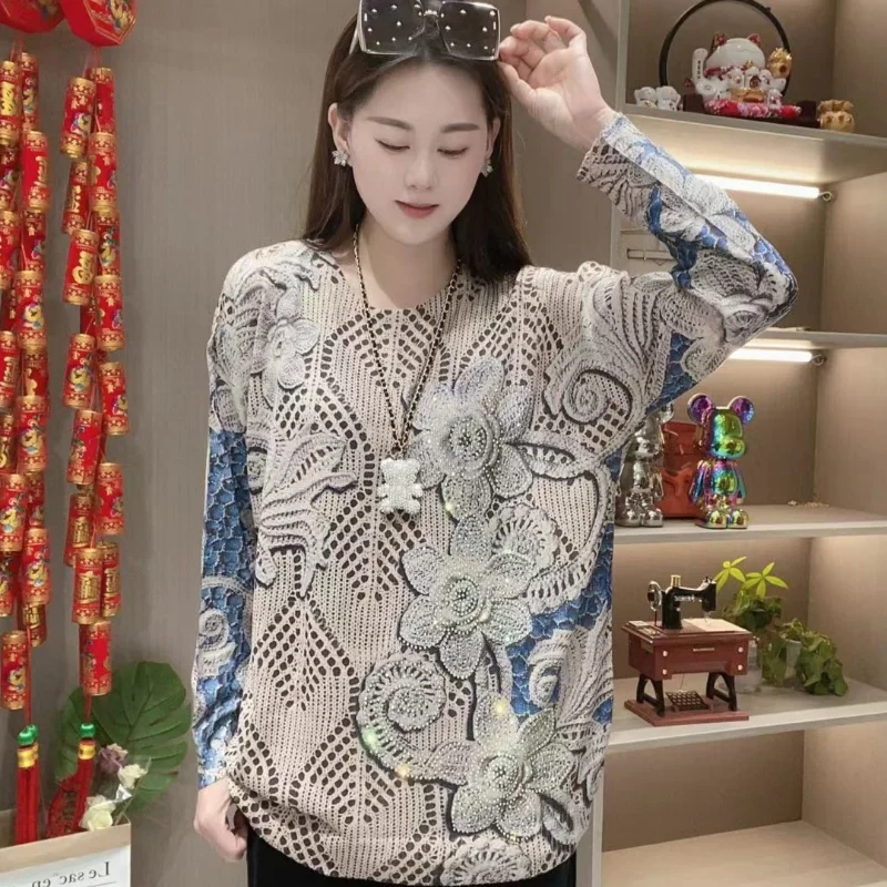 

Casual pullover female 2023 celebrity Mori series printed diamond studded short sleeved women sweater pullover female top