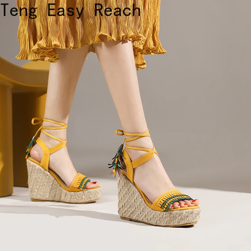 Fashion Summer Wedges Women Sandals Open Toe Ankle Strap Ladies Platform Wedges Sandals High heels Shoes yellow black size 43