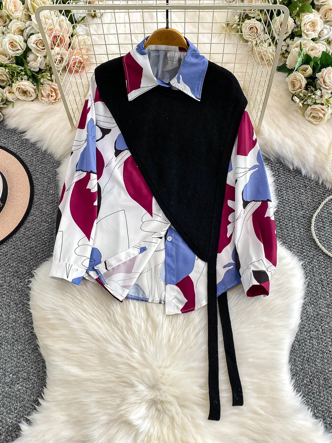 

Women's Polo-Neck Print Shirts Blouses 2 Piece Suit Sets Vintage 2000s Aesthetic Long Sleeve Shirt Clothes Spring Autumn 2025