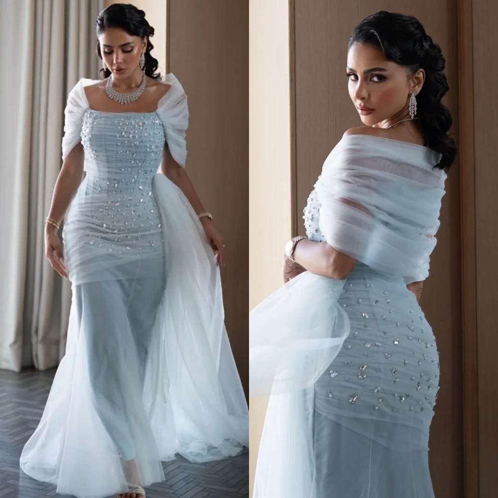 

Customized High Quality Sparkle Tulle Rhinestone Beading Mermaid Off-the-shoulder Ankle Length Dresses Bespoke Occasion Dresses