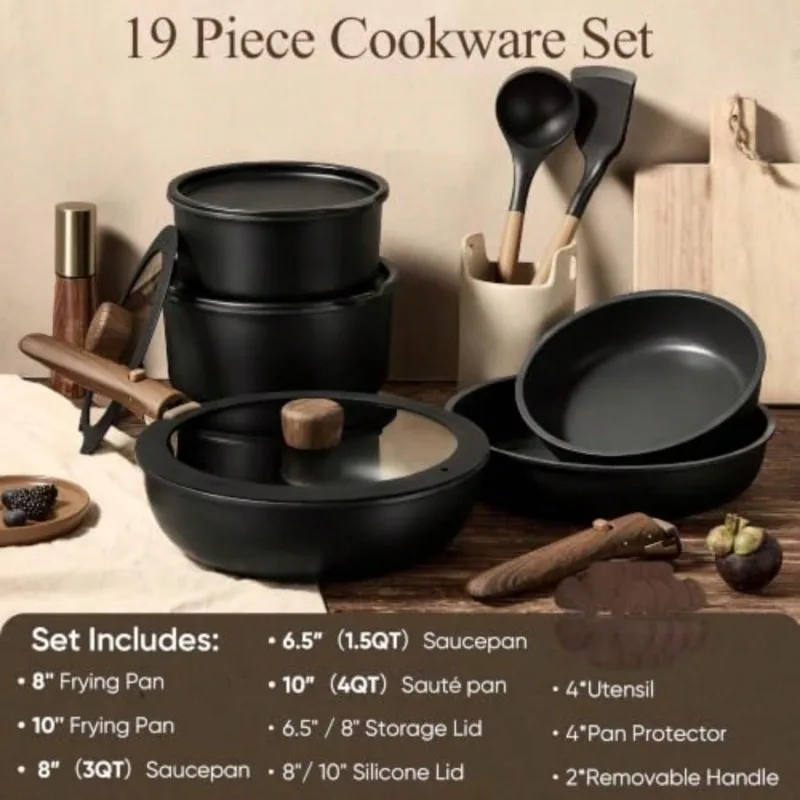 19pcs Pots And Pans Set Non Stick, Detachable Handle Cookware Set Induction Compatible, Dishwasher And Oven , Space Saving, For Camping/RV/Traveling, Kitchen Cooking Set, Black