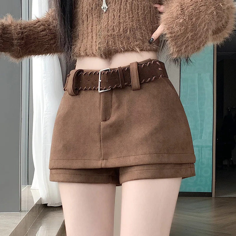 Retro Suede Casual Shorts Skirts for Women 2026 New Spice Girls High Waist Sexy A-word Hip Skirt