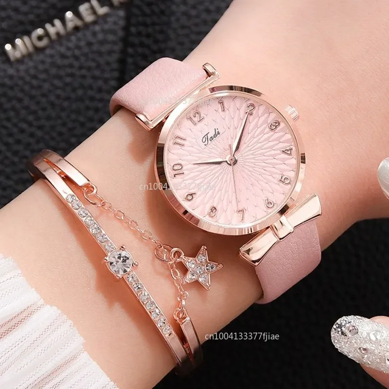 Conjunto de reloj de cuarzo para mujer, pulsera de aleación con correa de malla, a la moda diseño rosa, 2 piezas