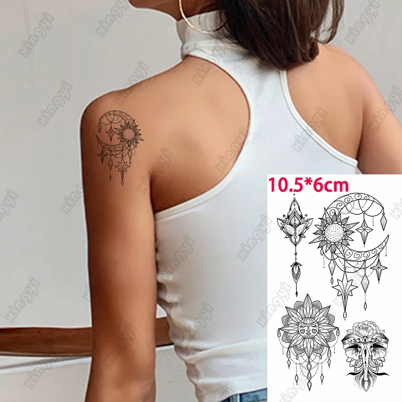 Mandala Moon Sun Temporary Tattoo Sticker Small Mini Elephant Butterfly Tatoo Arm Hand Wrist Leg Men Women Glitter Tattoos Kids