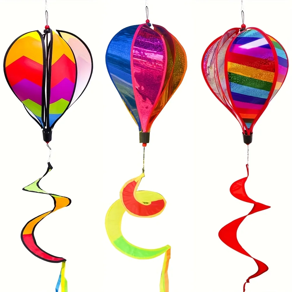 Set of 3 Rainbow Hot Air Balloon Wind Chimes with Rotating Streamers & Film - Colorful Hanging Decorations for Lawn and Garden