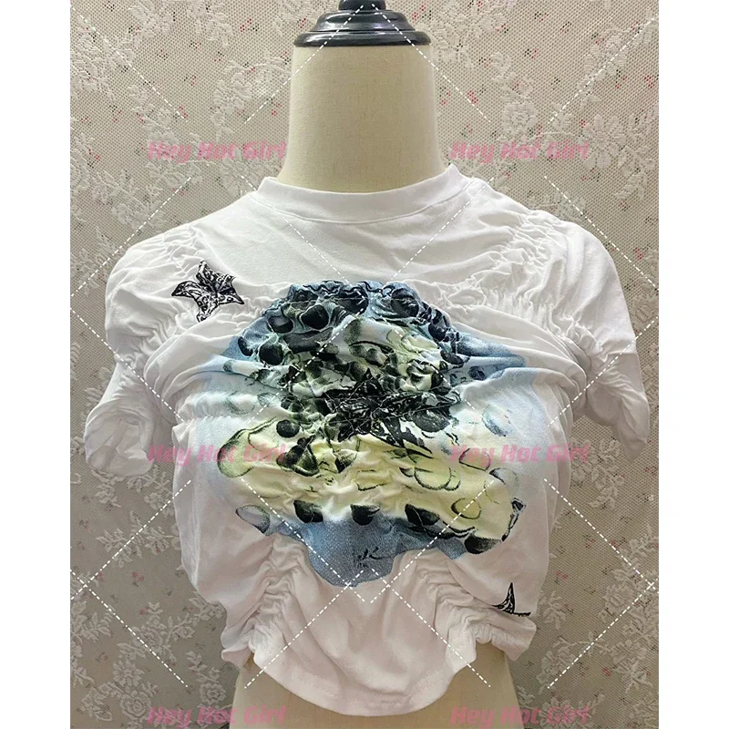 Printed Graffiti Pleated Short Sleeve T-shirt Women Kpop Singer Outfit Idol Jazz Dance Costume Sexy Crop Tops Stage Wear JL5475