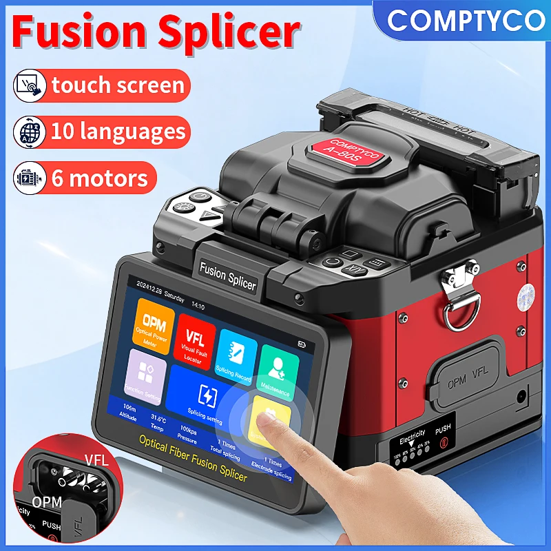 COMPTYCO A-80S/A-88S Fiber Optic Fusion Splicer 6 Motors Touch Screen 10 Languages Optical Fiber Fusion Machine Built-in OPM VFL