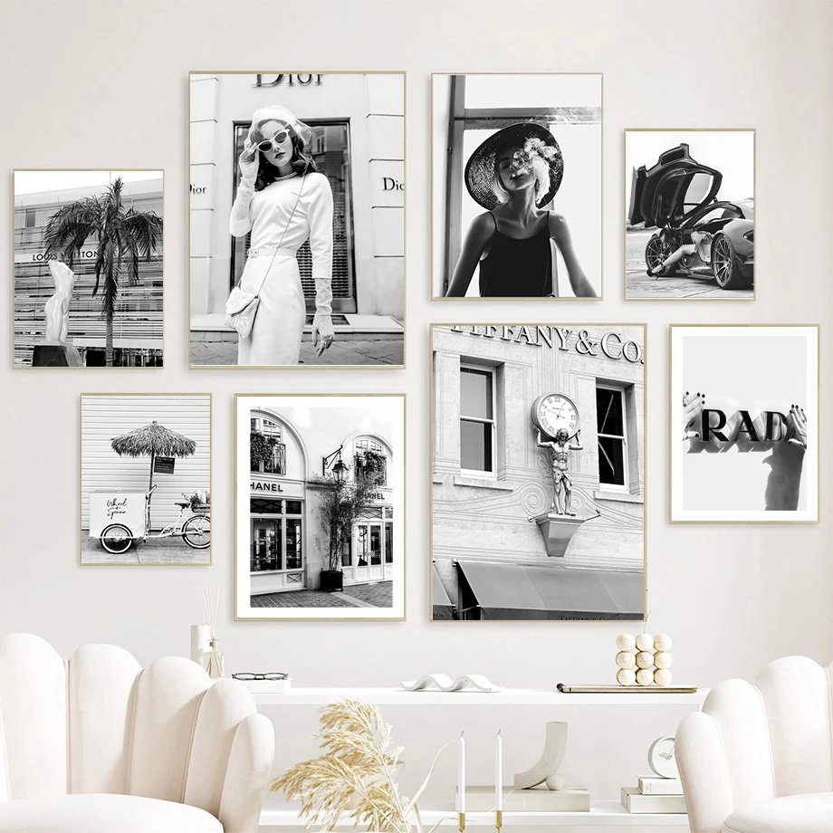 Nueva moda, cuadro sobre lienzo para pared con diseño de coche de lujo, perro, blanco y negro, carteles nórdicos e impresiones, imágenes de pared para sala de estar