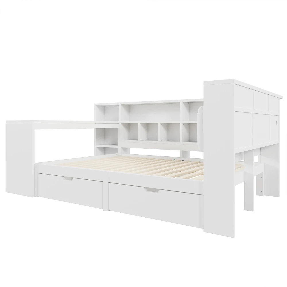 90x200 L-förmiges Plattformbett aus Holz mit Schreibtisch und Bücherregal, Eckkapitänsbett mit gepolstertem Kopfteil, Schubladen, LED-Licht – Detail 29