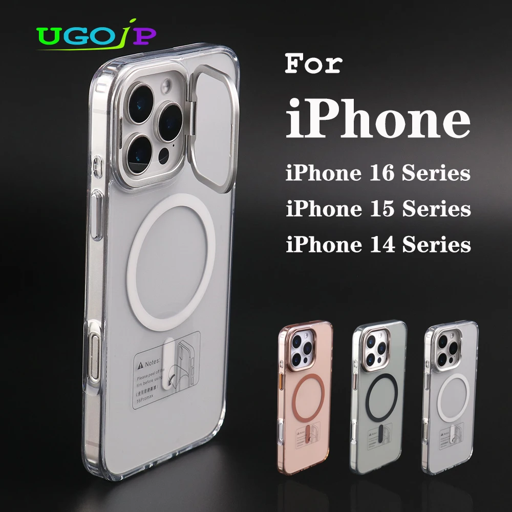 

UGOjP Case For iPhone 16 Pro Max Clear Magnetic Holder Phone Case Transparent With Metal Lens Stand Protective Back Cover ﻿