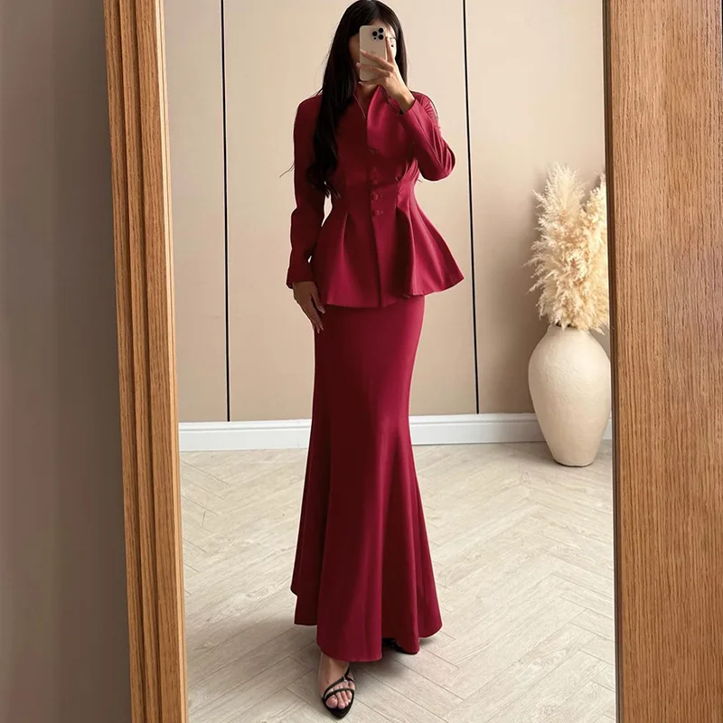 

Office Blazer 2-Piece Set Women Single Breasted Ruffle Coat+Peach Hip Trumpet Skirt Matching Elegant Commute Outfits