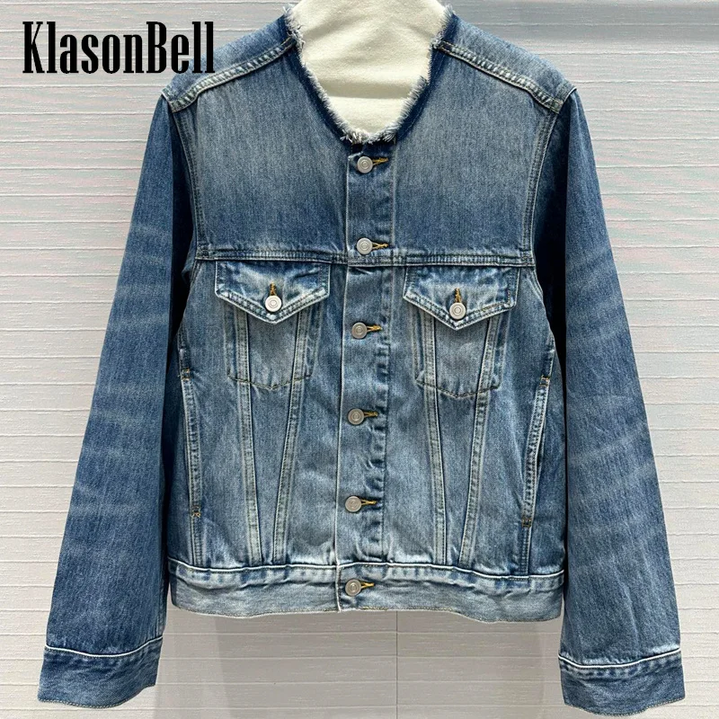 

8.10 KlasonBell Women Clothes Washed Distressed Denim Jacket Tassel Round-Neck Pocket Design Long Sleeve Outerwear