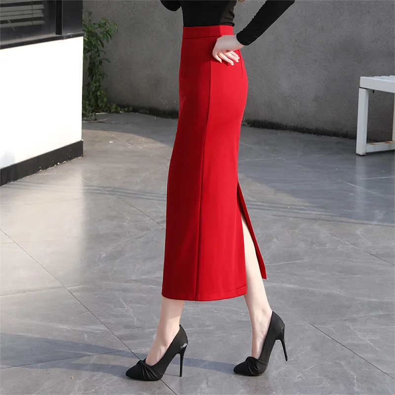 

Profional Suit Skirt Ba Slit High Waist Bodycon Midi Skirt Dra Street Sle Pure Color A-Line Skirt for Women