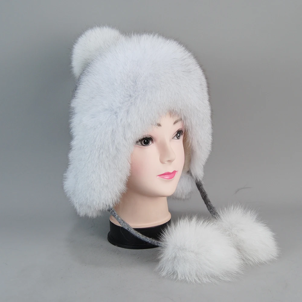 New Winter Elastic 100% Real Raccoon Fur Hat For Women Natural Fox Fur Russian Ushanka Hats Thick Warm Fashion Girls Bomber Cap