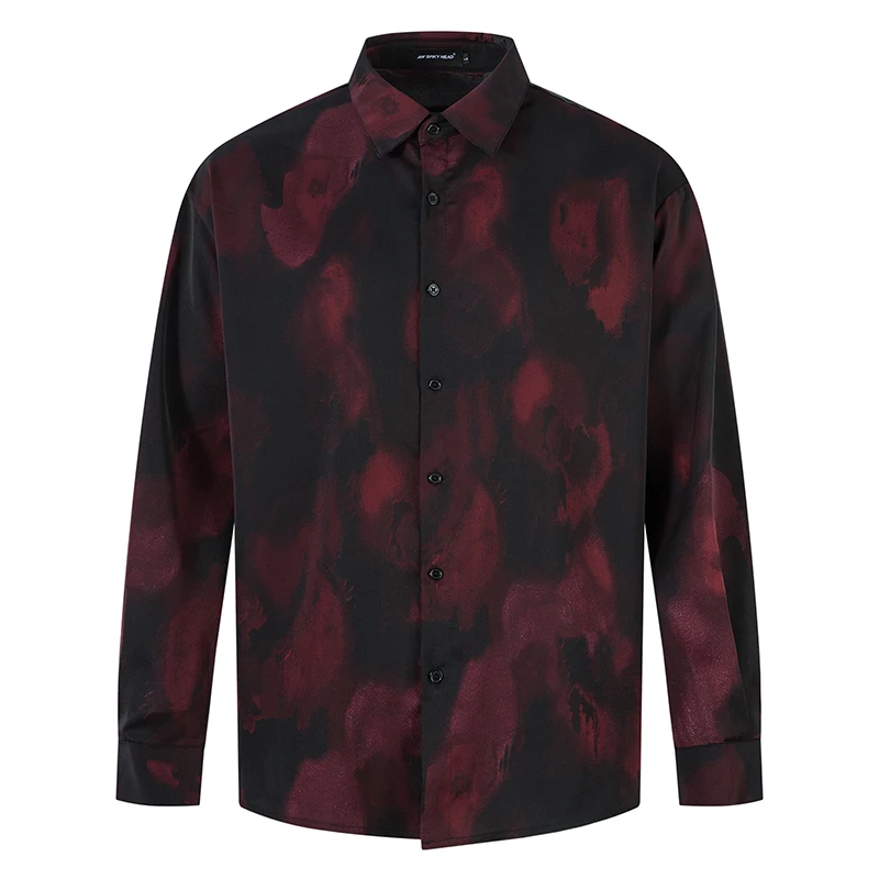 

Men's Long Sleeve Shirt Fashion Gradient Red Black Print Button Down Casual Streetwear Slim Fit Party Dress Top Blouse Clothing