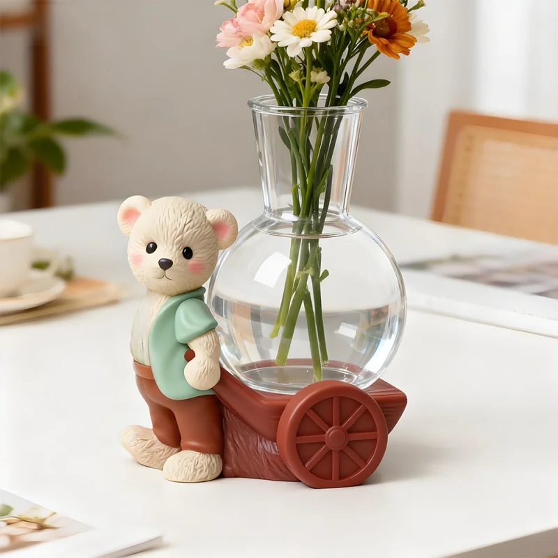 3D Cartoon Teddy Bear Handcart Desktop Ornament Plaster Silicone Mold Little Bear Hydroponic Vase Holder Resin Molds Home Decor