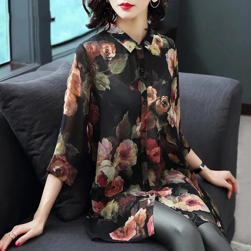 Temperament Fashion Summer Women\'s Square Collar Print Single Breasted Asymmetrical 3/4 Sleeve Loose Mid-length Shirt Dress